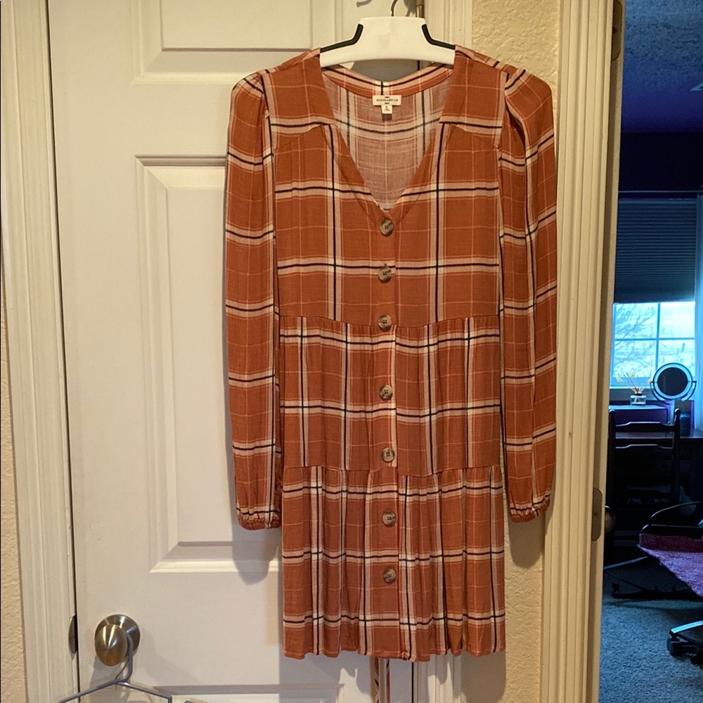 Brown and White A-line Casual Long Sleeve Puff Sleeve Sundress